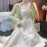 Tineit Spring Summer Elegant Y2k Midi Dress Women Casual Lace One Piece Dress Korean Sweet Vintage Floral Dress Party 2 Piece Set