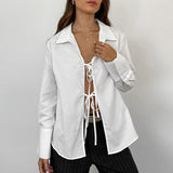 Tineit Hollow Out Lace Up White Cotton Linen Shirt Women's Long Sleeve Loose Casual Sexy Lapel Cardigan Top Female Summer new