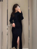 Tineit Skew Collar Split Knit Vestidos Japan Style Dress Elegant Bodycon Vestido Full Sleeve Dresses Spring 2025 New Ropa Mujer