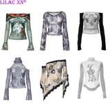 Tineit Y2K Vintage Lace Mesh See Through Long Sleeve T-Shirts Sexy Butterfly Floral Print Off-Shoulder Summer Tops Fashion Women Tees