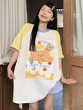 Tineit Kawaii Birthday Bear Print Oversize T-shirts Women Contrast Color Raglan Sleeve Tees 100% Cotton Korean Cutecore Clothes