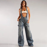 Tineit Jumpsuits Women Jeans Overalls Sexy Backless Vintage Full Length Denim Straight Pants Loose Pockets Distressed Washed Casual