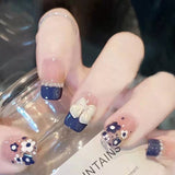 Tineit-Fall nails Christmas nails 24Pcs/Set Short Square Fake Nails Blue White Butterfly Pearl Nail Arts Manicure False Nails With Design