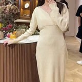 Tineit  Japan Style Knit Vestidos V-neck Long Sleeve Vestido Sweet Elegant Women 2025 Dresses Autumn Winter New Dress Split Clothing