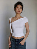 Tineit Sexy Skew Collar T Shirts for Women Asymmetric Short Sleeve Design Crop Tops Summer Streetwear Fashion Clothes Aesthetic