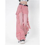 Tineit American Retro High Waist Oversized Jeans For Women Casual Baggy Y2K Pockets Pants Wide Leg Grunge Streetwear Pink Denim Trouser