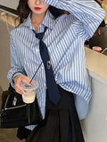 Tineit Striped Shirt Women Preppy Style Chic Blouse Ladies Oversized Long Sleeve Tops Girls Korean Fashin Button Shirts with Tie Ropa