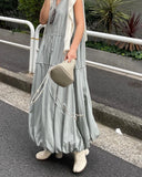 Tineit 2025 Spring Summer Drawstring Dress V-neck Sleeveless Dresses Women High Waist Vestidos Mujer Loose Vestido Japanese Ropa