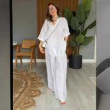 Tineit Women Two Piece Set Loose Top Wide Leg Pants Suit Casual Ensemble Female Outfits Blouse Button V Neck Solid Full Length Sets