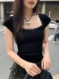 Tineit Black Lace T-shirts Women Coquette Square Collar Tees Korean Fashion Spring Summer Bow Knot Top Y2k Aesthetic Clothes