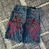 Tineit American New Retro Bone Wash Jeans Shorts Women Y2K High Street Skull Embroidery Shorts Men Harajuku Casual Joker Straight Pants