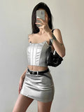 Tineit Sexy Silvery Irregular Tank Tops Streetwear High Waisted Mini Skirt Slim Fit Summer Fashion 2 Piece Sets Womens Outfits