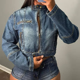 Tineit Tracksuit Matching Sets Sexy Denim Spliced Shorts Long Sleeve Zipper Distressed Washed Jackets Short Sets Skinny Streetwear