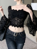 Tineit Lace Shirt Women Sexy Off Shoulder White Blouse Ladies Flare Long Sleeve Crop Top Female Sexy Hollow Out Slash Neck Blusas