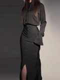 Tineit Elegant woman Two Piece Skirt Sets Full Sleeve Shirts Diamonds Splice High Waist Skirts Split Hip Wrap Elegant Suits Spring 2024