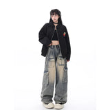 Tineit Women Blue Jeans Cargo Pants Streetwear High Waist American Wide Leg Pants Fashion Y2K Style Female Winter Straight Trousers