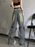 Tineit American New Old Strap Stitching Hole Micro-La  Baggy Jeans Female Y2K Fashion High Design Relaxed Casual Straight Wide-leg Pant