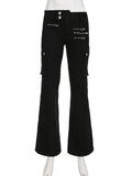 Tineit Women's Black Slim Skinny Y2K Flare Jeans Metal Zipper Decoration Lady Low-waisted Trousers Aesthetic Streetwear Pants