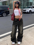 Tineit Streetwear Women'S Jeans Harajuku Cargo Pants Y2K Casual Denim Distressed Straight Wide Leg Trousers Female Korean 2024