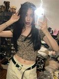 Tineit Y2k Leopard Print Crop Top for Girls Coquette Tights Square Collar T-shirts Women Summer Fashion Aesthetics Harajuku Tee