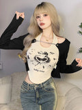 Tineit Y2k Graphic Print T-shirt Women 2024 Summer Long Sleeve Irregular Slim Two-Piece Set Korean Fashion French Style Spicy Girl Tops