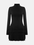 Black Friday Tineit Ruffled Tierred Long Sleeve Mini Dress Female Fashion Patchwork Black Club Party Dress Turtleneck Folds Clothes Autumn