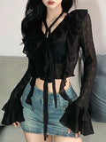 Tineit Sexy See Through Blouses Women Summer Flare Sleeve Black Mesh Crop Top Korean Fashion Irregular Ruffles Shirts Y2k Streetwear