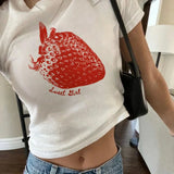 Tineit Women's Y2K Vintage Summer Tops Cute Strawberry Fruit Print Short Sleeve Round Neck Fitted T-Shirts Aesthetic Clothes