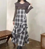 Tineit  O-neck Ruffles Vestidos Knit Spliced Plaid Vestido Long Sleeve Dresses Irregular Hem Dress Spring Autumn 2025 New Ropa Mujer