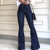 Tineit Women Jeans Solid Color High Waist Flare Pants Zipper Fly Flat Pockets Streetwear Slim Patchwork Button Slight Strech Belt