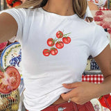 Tineit Women's Y2K Vintage Summer Tops Cute Strawberry Fruit Print Short Sleeve Round Neck Fitted T-Shirts Aesthetic Clothes