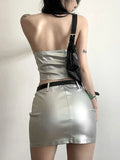 Tineit Sexy Silvery Irregular Tank Tops Streetwear High Waisted Mini Skirt Slim Fit Summer Fashion 2 Piece Sets Womens Outfits