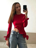 Tineit Ruffled Slim Tops T-Shirt For Women Long Sleeves Solid Color Patchwork Slinky Female Autumn Fashion High Street Pullover