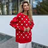 Tineit Heart Printed Knitted Sweater For Women Mid Length Knitted O-Neck Pullover Sweater Loose Long Sleeve Autumn Winter New