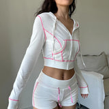 Tineit Two Piece Set Pink Bright Line Hoodie Tracksuit Women Casual Sweatshirt Coat Y2K Low Waist Shorts Outfits 2PCS Clothes