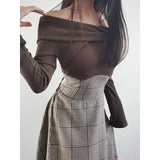 Tineit Feminino Off-shoulder Long Sleeve Vestidos Women 2025 Vestido Dresses Knitted Patchwork Dress Spring Autumn New Clothing