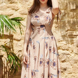 Tineit  Chic Floral Print Drawstring Bow Strap Dresses Summer High Waist Drapede Woman Dress Fashion Vestidos Elegantes