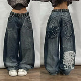 Tineit Harajuku Style New Skull Print Baggy Jeans Men And Women Y2K Street Fashion Vintage Gothic High Waist Wide-leg Pants Trousers