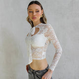 Tineit Lace Jacquard Hollow Out Sexy Top For Women Perspective Solid Bandage Long Sleeves T-shirt Pullover Slim Summer New Top