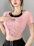 Tineit Fake Two Pieces T-shirt Women Summer Short Sleeve Lace-up Pink Sweet Kawaii Crop Top Ladies Korean Fashion Skinny Slim Y2k Tops