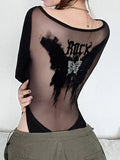 Tineit-Y2K Bodysuit Women Sexy Coquette Long Sleeve T-Shirts Ladies One Piece Top Female Lace Hot Grunge Mesh Camisetas Ropa Mujer