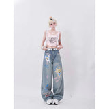 Tineit Blue Jeans Women Graffiti High Waist American Wide Leg Pants Y2K Style Fashion Streetwear Female Pants Winter Straight Trousers