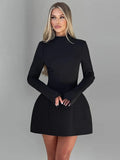 Black Friday Tineit Elegant Long Sleeve Backless Mini Dress For Women O Neck High Waist A-line Club Party Sexy Bodycon Dress Solid Autumn New