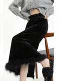 Tineit Black Long Skirt Women Korean Fashion Feathers Patchwork Velvet Skirts Female Autumn Winter Elegant Split High Waist Slim Skirts