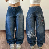 Tineit Street Vintage Jeans New Y2K Harajuku Wash Blue Multiple pockets Baggy Jeans Denim Pants Mens Womens High Waist Wide Trousers