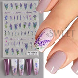 Tineit 3D Lavender Nail Stickers Decals Spring DIY Lavender Frosted Flower Leaf Blossom Nail Art Tips Transfer DIY Manicure Accessories