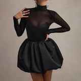 Black Friday Tineit Mesh Splice Long Sleeve Bud Dress For Women Turtleneck High Waist Folds Mini Dress Elegant Black Gown Sexy See Through