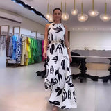 Tineit-Ankle Length Dress O Neck Sexy Sleeveless Dresses Loose Fit Sashes Print Women Vestidos Casual Slight Strech Spliced 2024