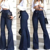 Tineit Women Jeans Solid Color High Waist Flare Pants Zipper Fly Flat Pockets Streetwear Slim Patchwork Button Slight Strech Belt