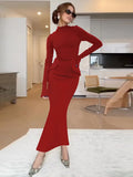 Black Friday Tineit Half Turtleneck Long Sleeves Maxi Dress Fashion Office Lady Clothing Back Slit Gown Dress Female Solid Streetwear Autumn